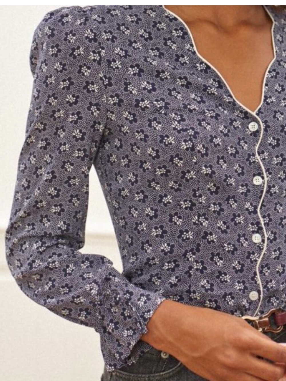 Rouje Brown Tildo Floral Button-Down Shirt with White Piping